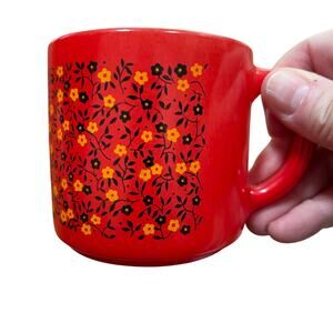 Vintage Federal Glass coffee / tea mugs (2) red & yellow flowers on white glass